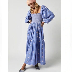 New Free People Dahlia Embroidered Maxi Dress Misty Dawn Combo